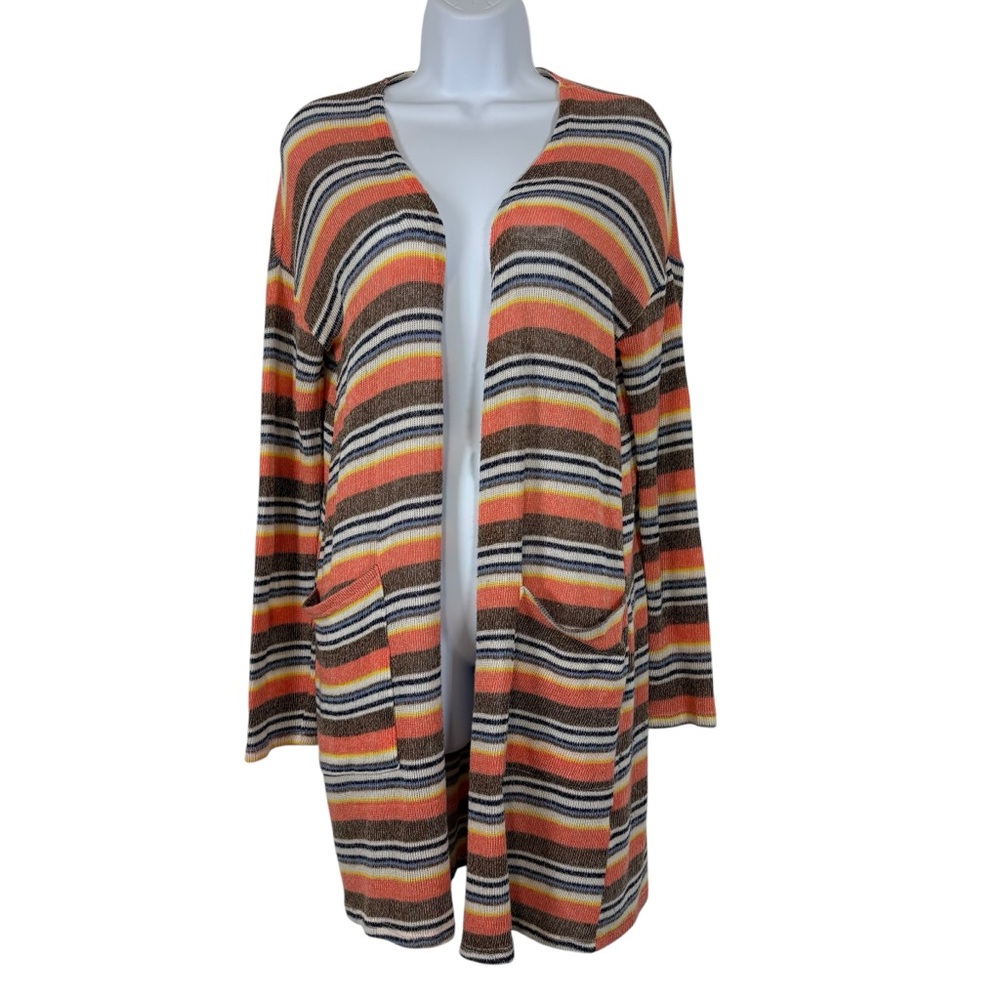 Sweet Claire Striped Open Front Cardigan Medium Boho Elbow Patch Duster